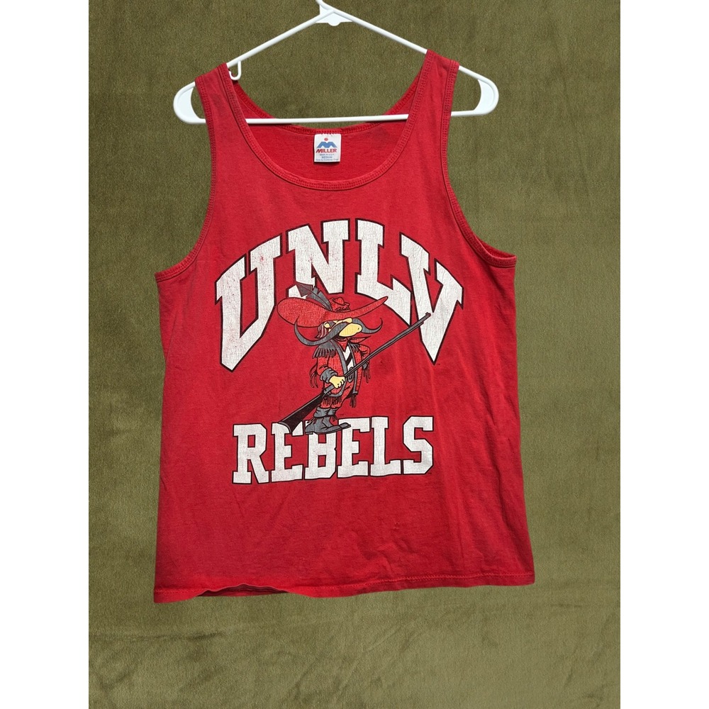 Vintage 1980s UNLV Rebels Tank Top Miller Hey Reb Mascot Red Mens Medium 80s USA